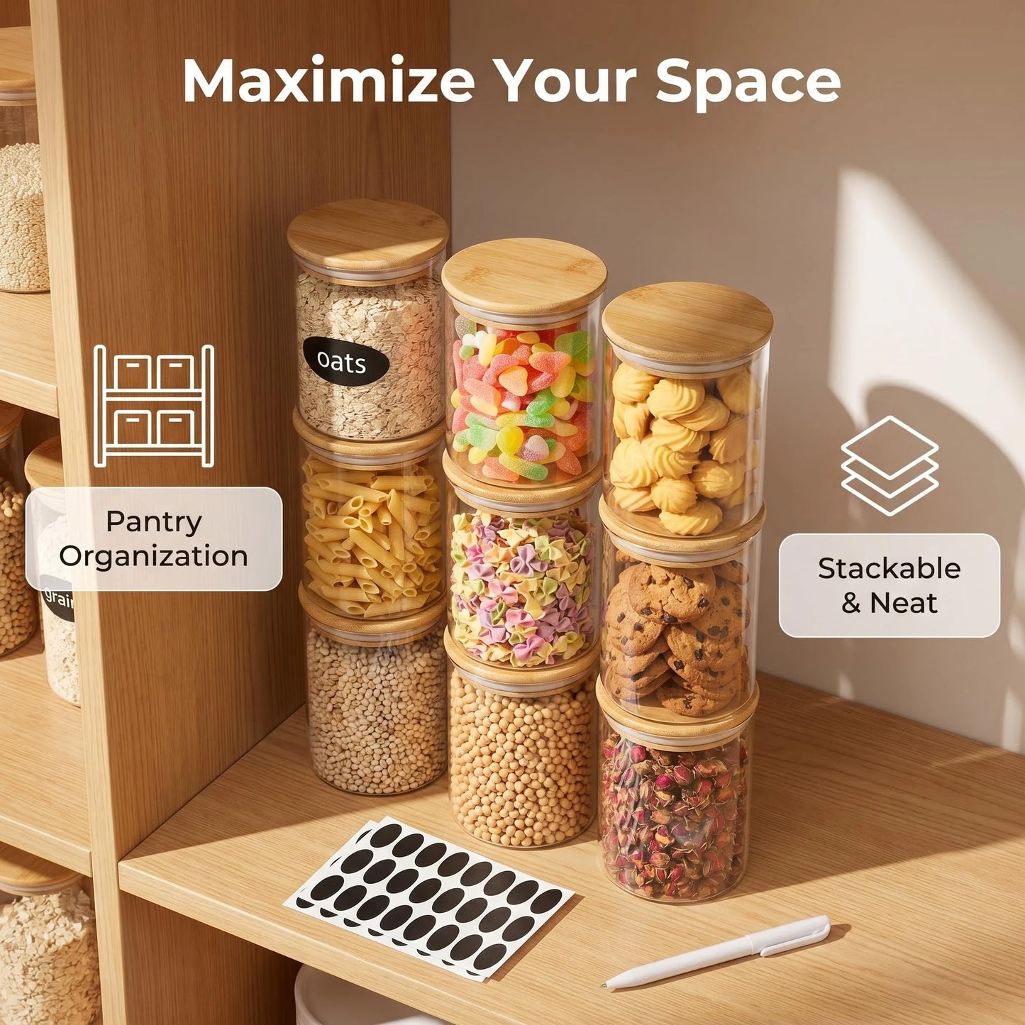 9-Piece Glass Food Storage Canister Set with Bamboo Airtight Lids – Kitchen Pantry Organizer