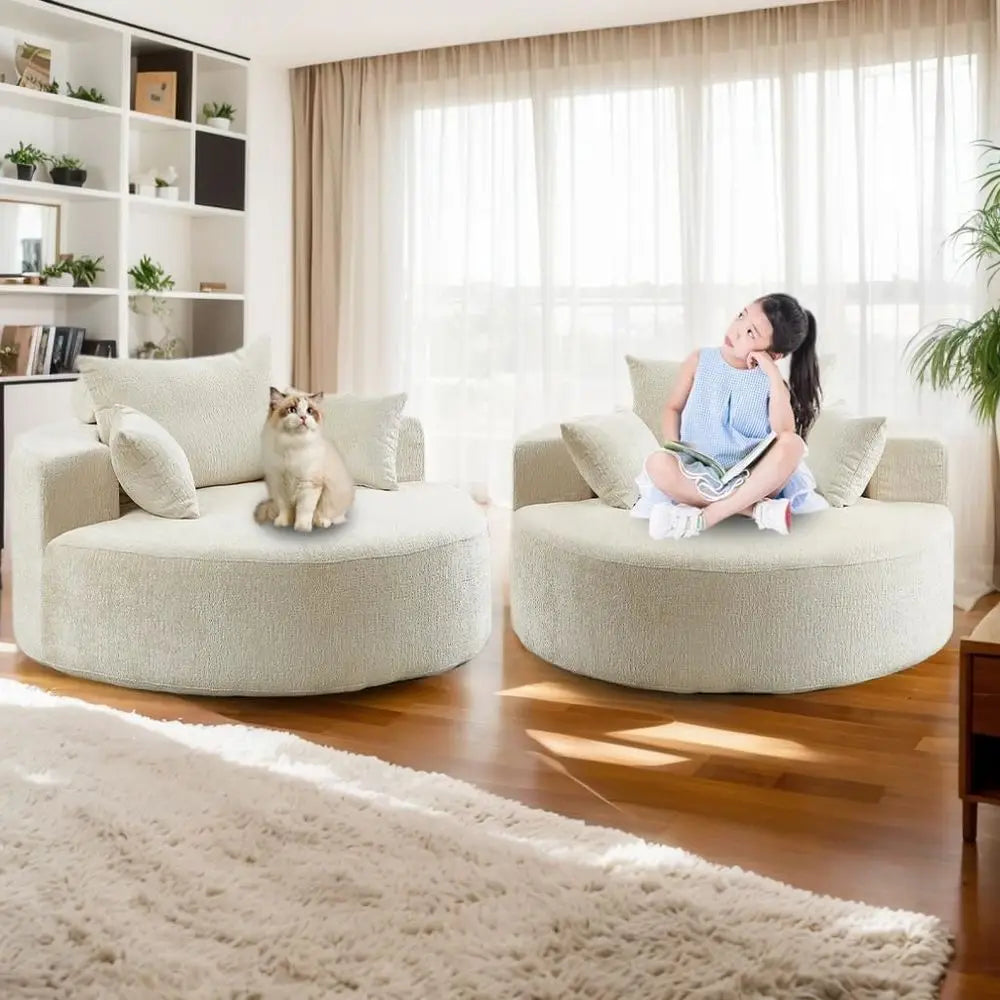 Oversized 55 Round Chenille Chaise Lounge Chair - Single Cloud Sofa, Sleeper for Living Room, Bedroom, and Projection Rooms, No