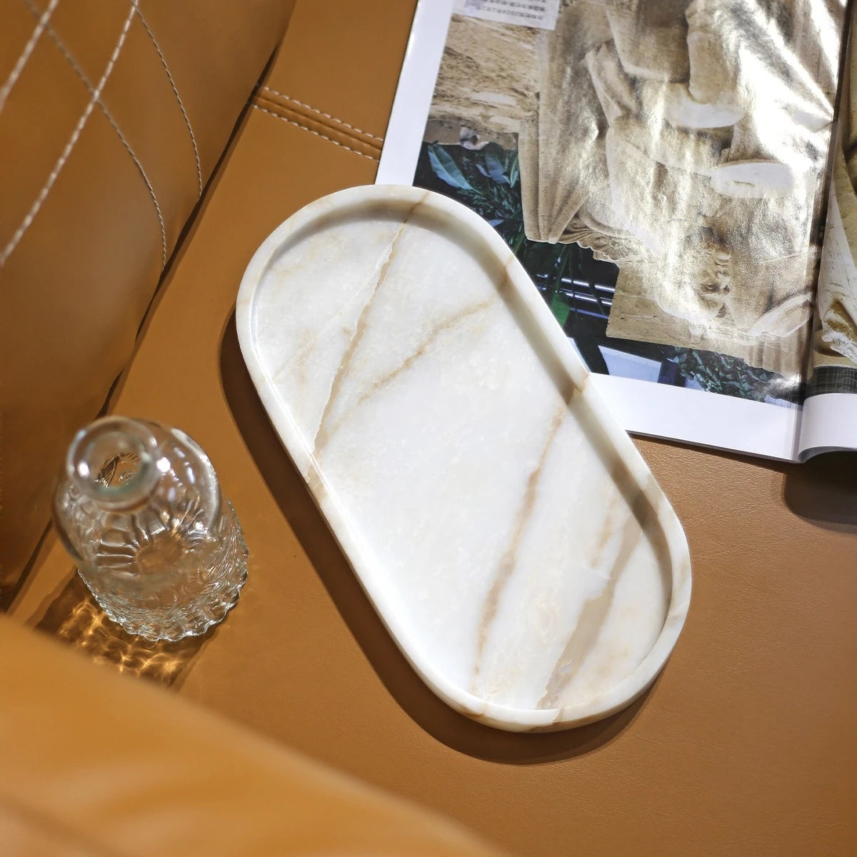Handmade Luxurious Calacatta Purple Violet Natural Marble Travertine Stone Small Jewelry Storage Oval Tray 26cm Plate