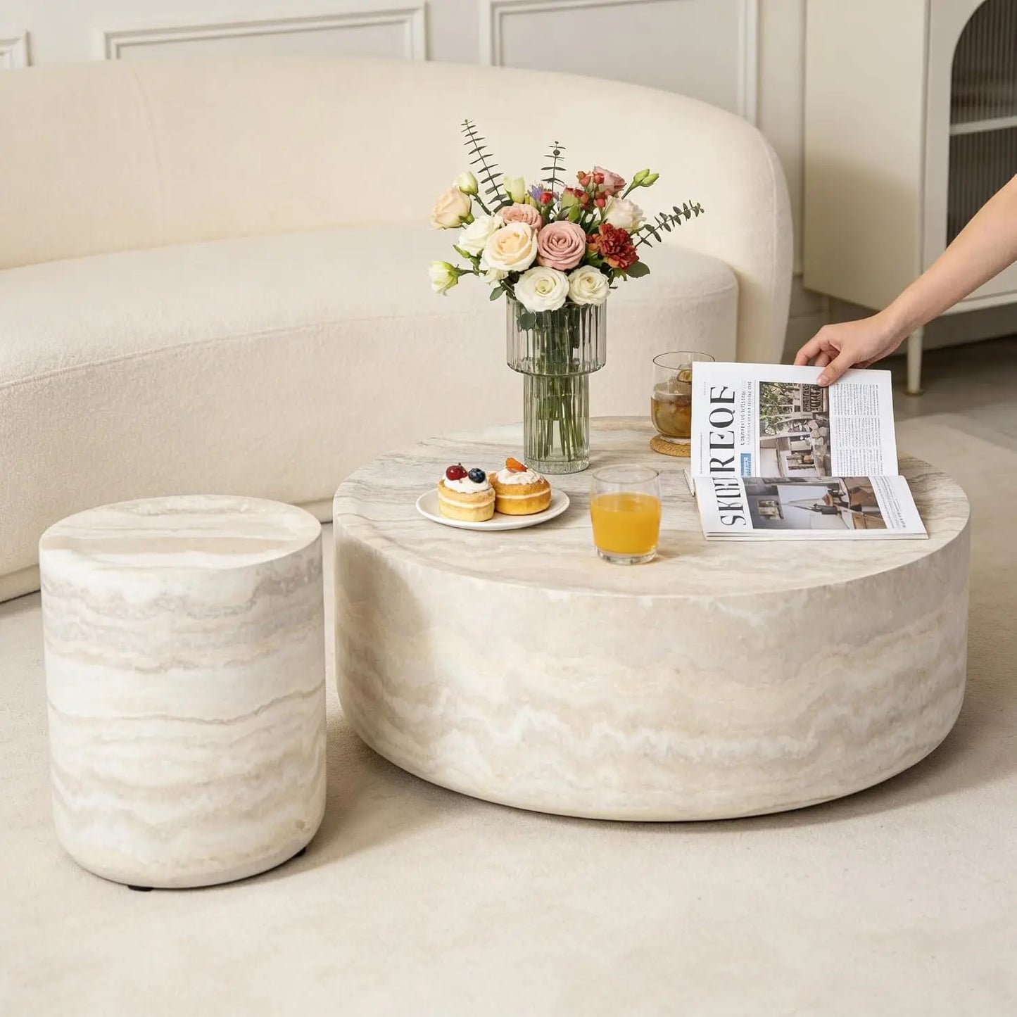 Modern Round Pedestal Coffee Table – Faux Marble Finish