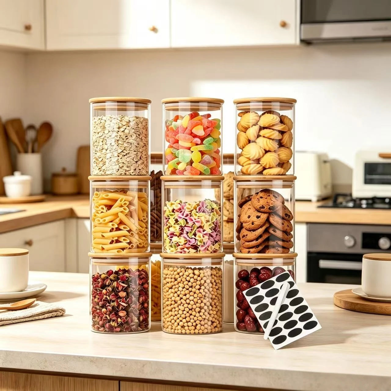 9-Piece Glass Food Storage Canister Set with Bamboo Airtight Lids – Kitchen Pantry Organizer