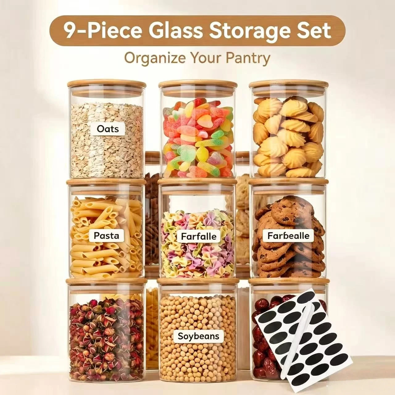 9-Piece Glass Food Storage Canister Set with Bamboo Airtight Lids – Kitchen Pantry Organizer