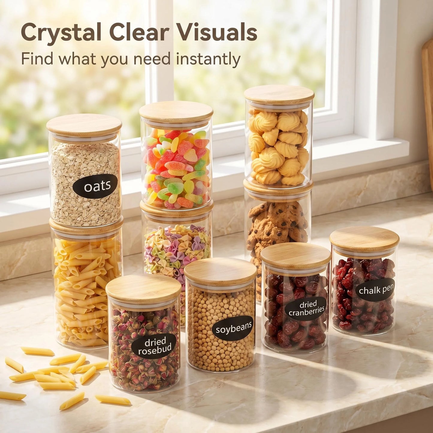 9-Piece Glass Food Storage Canister Set with Bamboo Airtight Lids – Kitchen Pantry Organizer