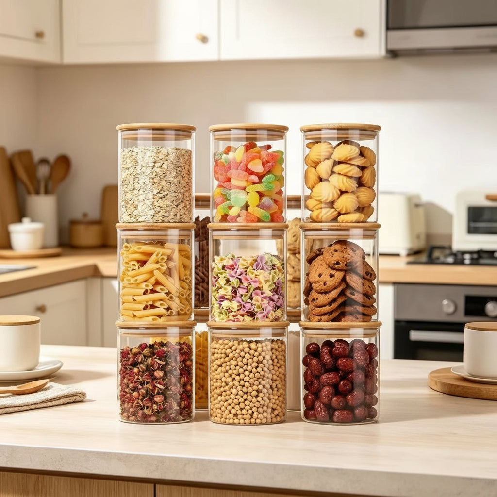 A 9-piece glass storage set with clear cylindrical jars and light wood lids, arranged on a kitchen counter with assorted dry goods and snacks inside. A sheet of black circular labels is placed in front.
