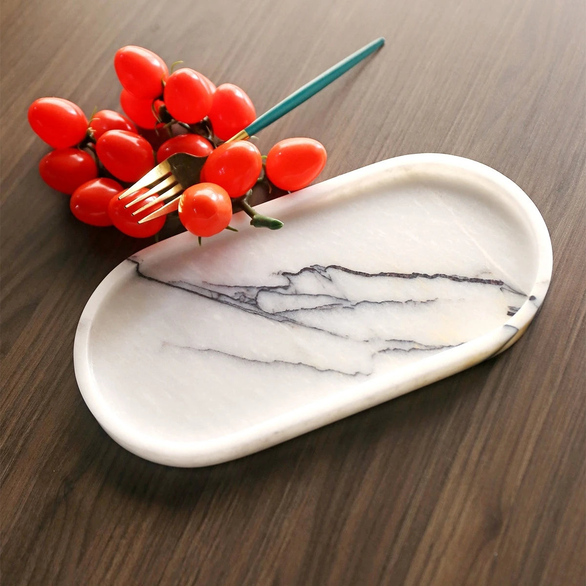 Handmade Luxurious Calacatta Purple Violet Natural Marble Travertine Stone Small Jewelry Storage Oval Tray 26cm Plate