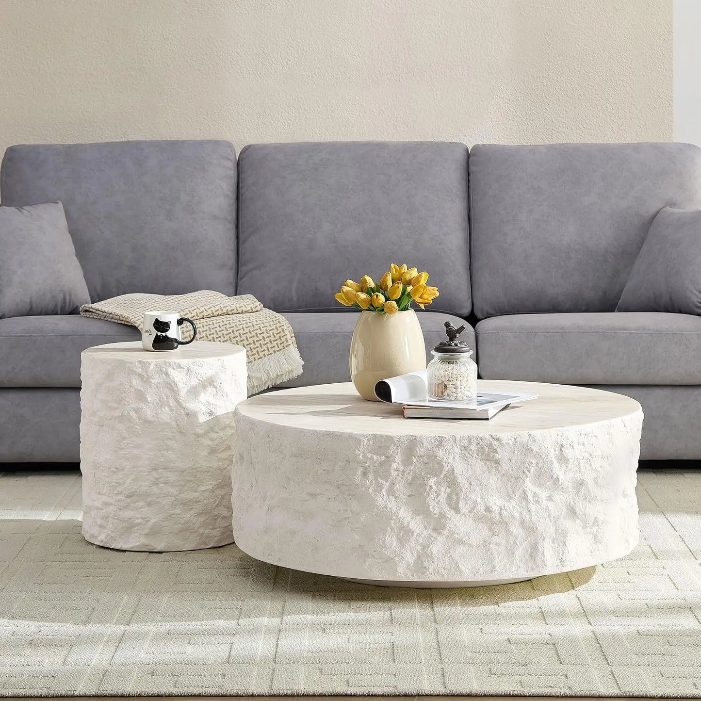 Modern Round Pedestal Coffee Table – Faux Marble Finish