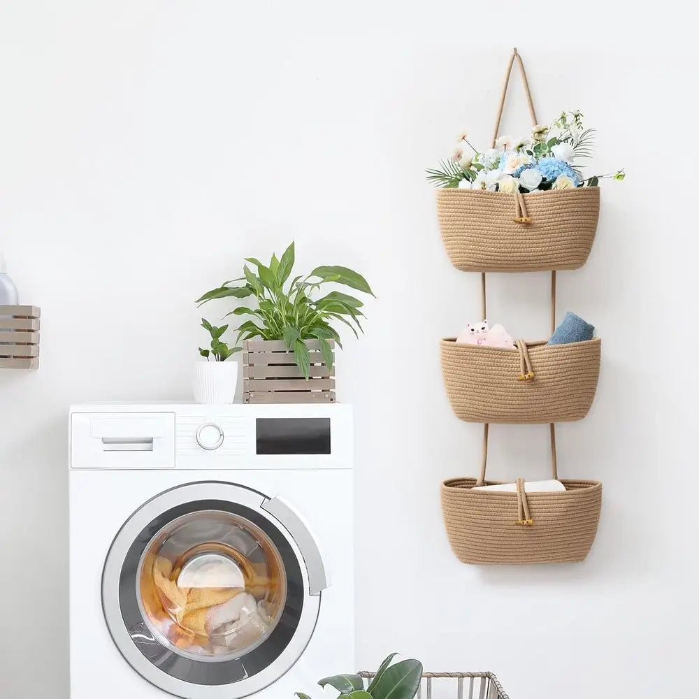 3-Tier Cotton Rope Baskets with Button Strap - Over Door Wall Hanging Organizer for Nursery, Living Room, Bathroom Storage & Dec