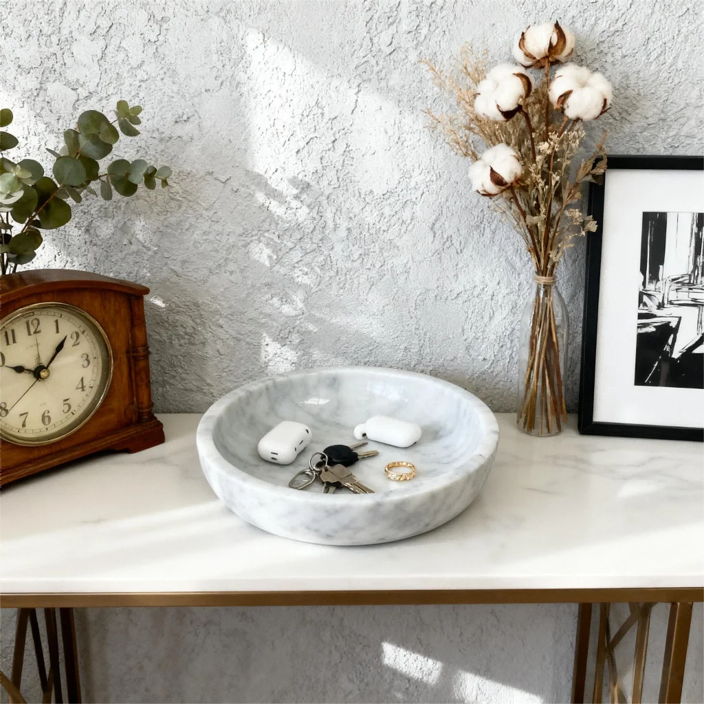 20cm Natural Carrara White Marble Decorative Bowl, Stone Round Bowl for Home Decor, Barthroom, Jewelry Tray, Soap Organization