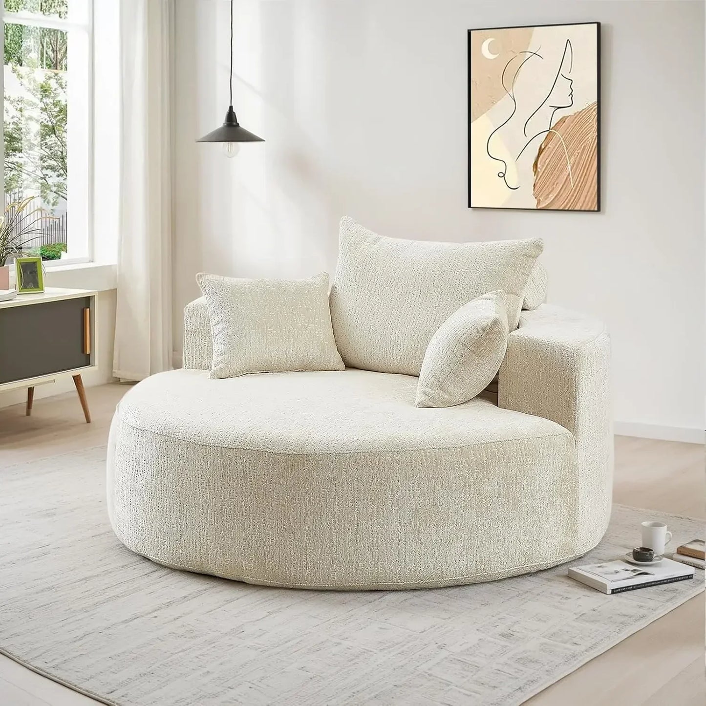 Oversized Round Chaise Longue Chair Indoor, Modern 55-inch Upholstered Chenille Deep Seat Circle Single Cloud Lounge Floor Sofa