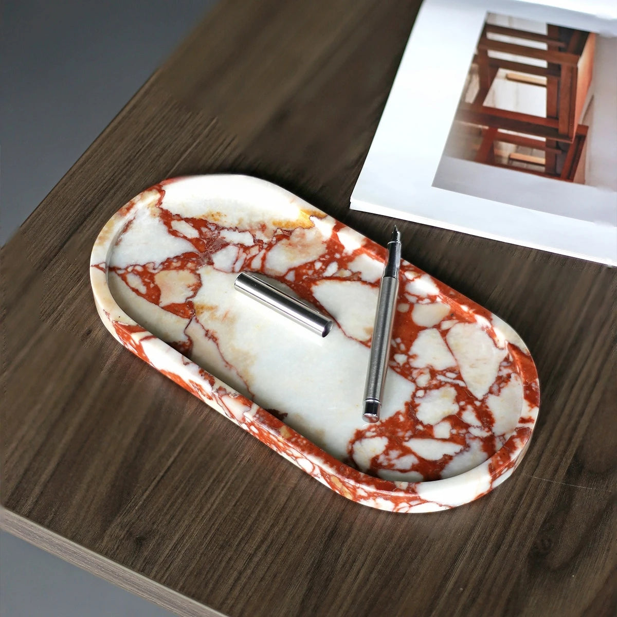 Handmade Luxurious Calacatta Purple Violet Natural Marble Travertine Stone Small Jewelry Storage Oval Tray 26cm Plate