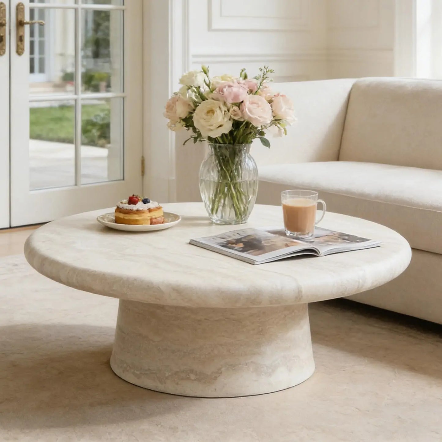 Modern Round Pedestal Coffee Table – Faux Marble Finish