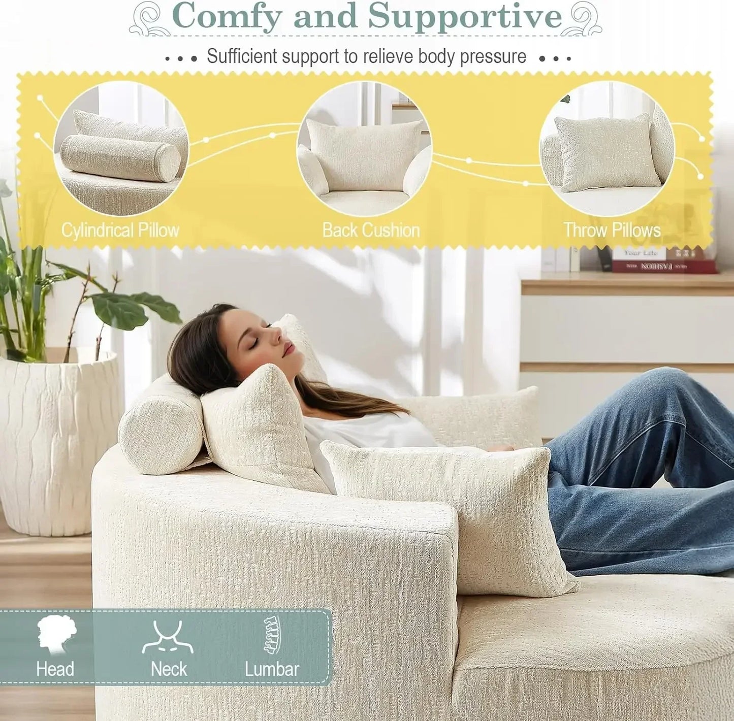 Oversized Round Chaise Longue Chair Indoor, Modern 55-inch Upholstered Chenille Deep Seat Circle Single Cloud Lounge Floor Sofa