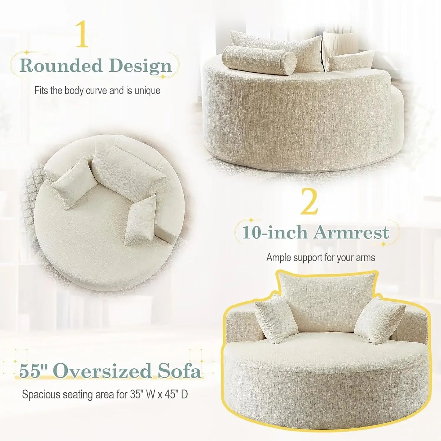 Oversized Round Chaise Longue Chair Indoor, Modern 55-inch Upholstered Chenille Deep Seat Circle Single Cloud Lounge Floor Sofa