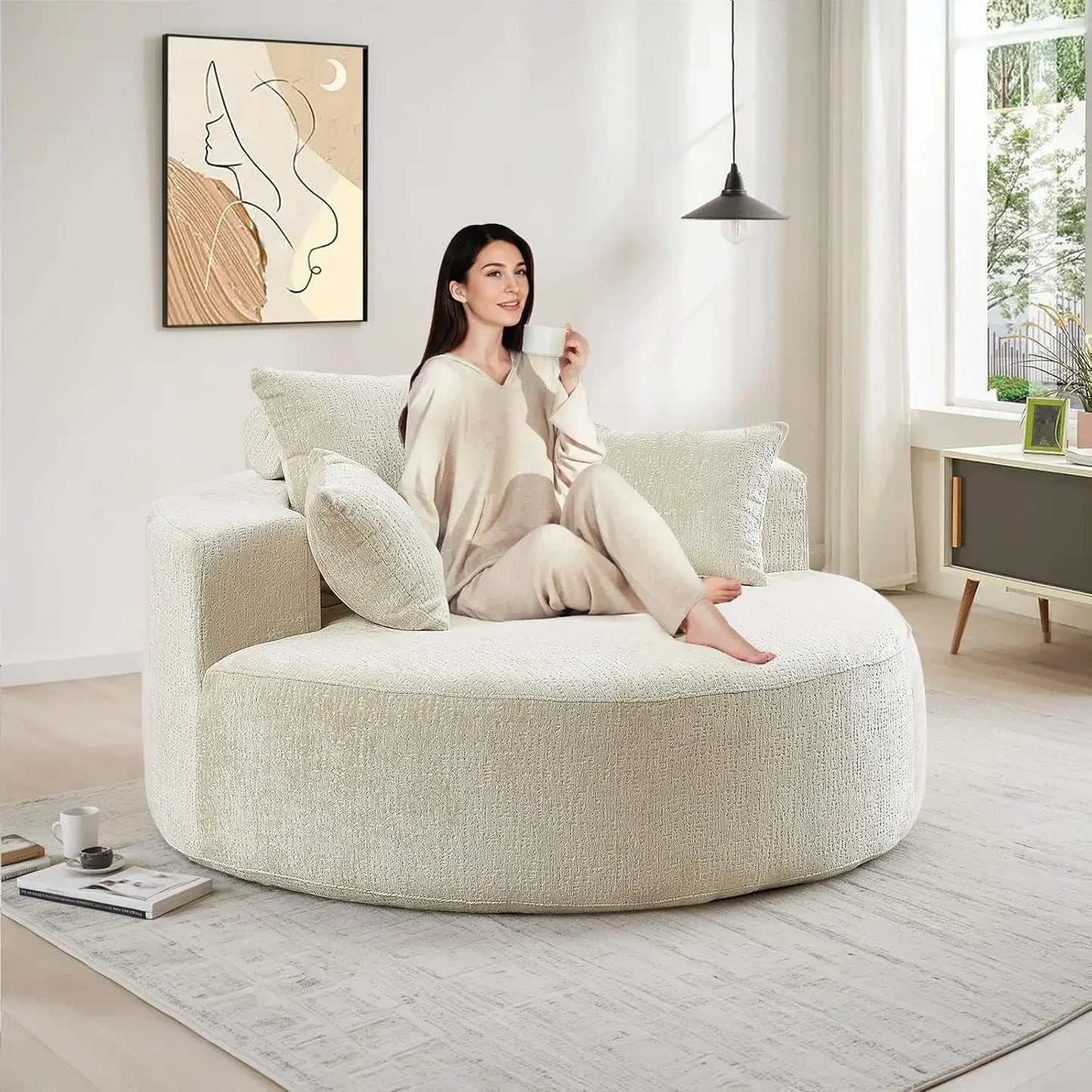 Oversized Round Chaise Longue Chair Indoor, Modern 55-inch Upholstered Chenille Deep Seat Circle Single Cloud Lounge Floor Sofa