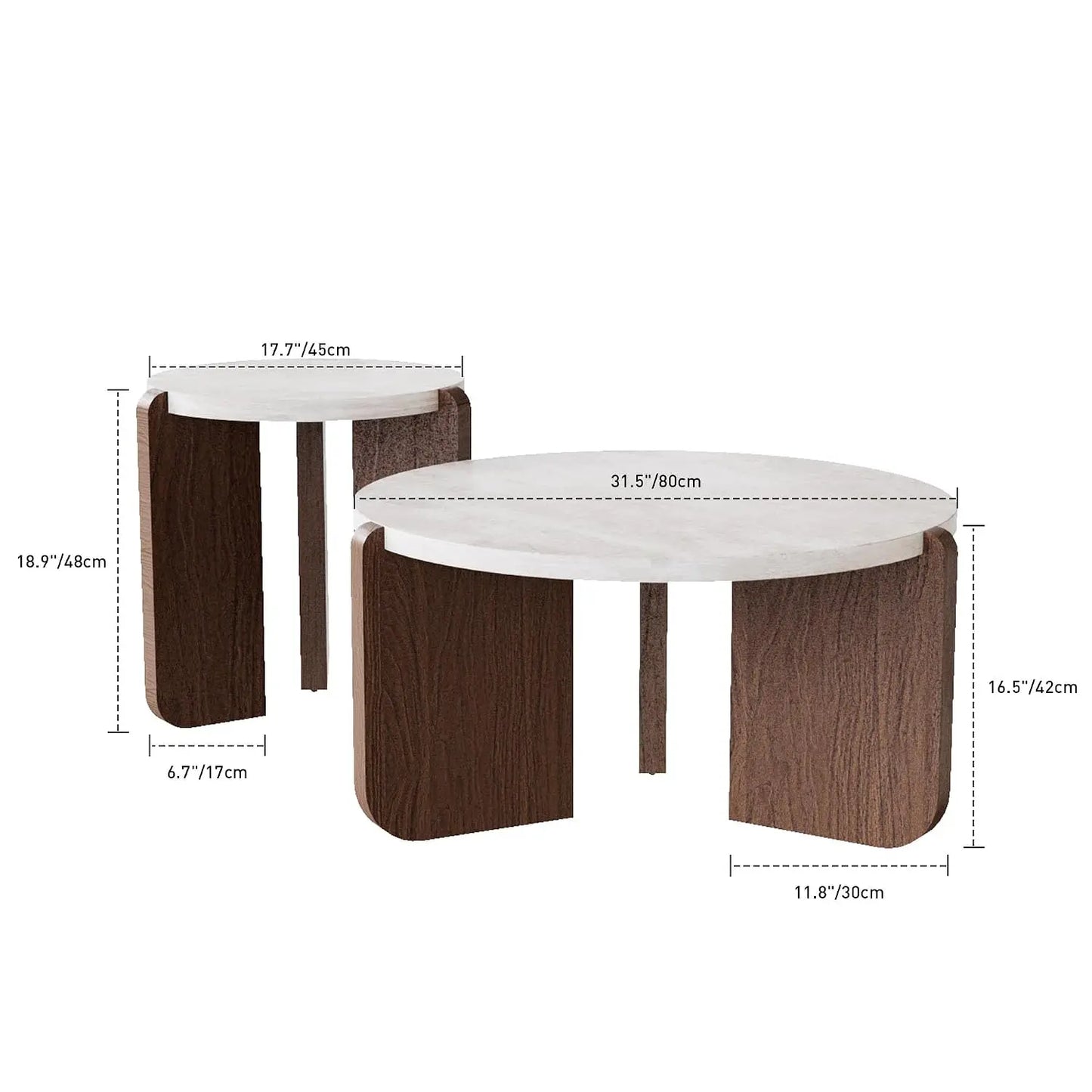 Modern Round Coffee Table Set with Matching Side Table – Faux Marble Top & Walnut Finish