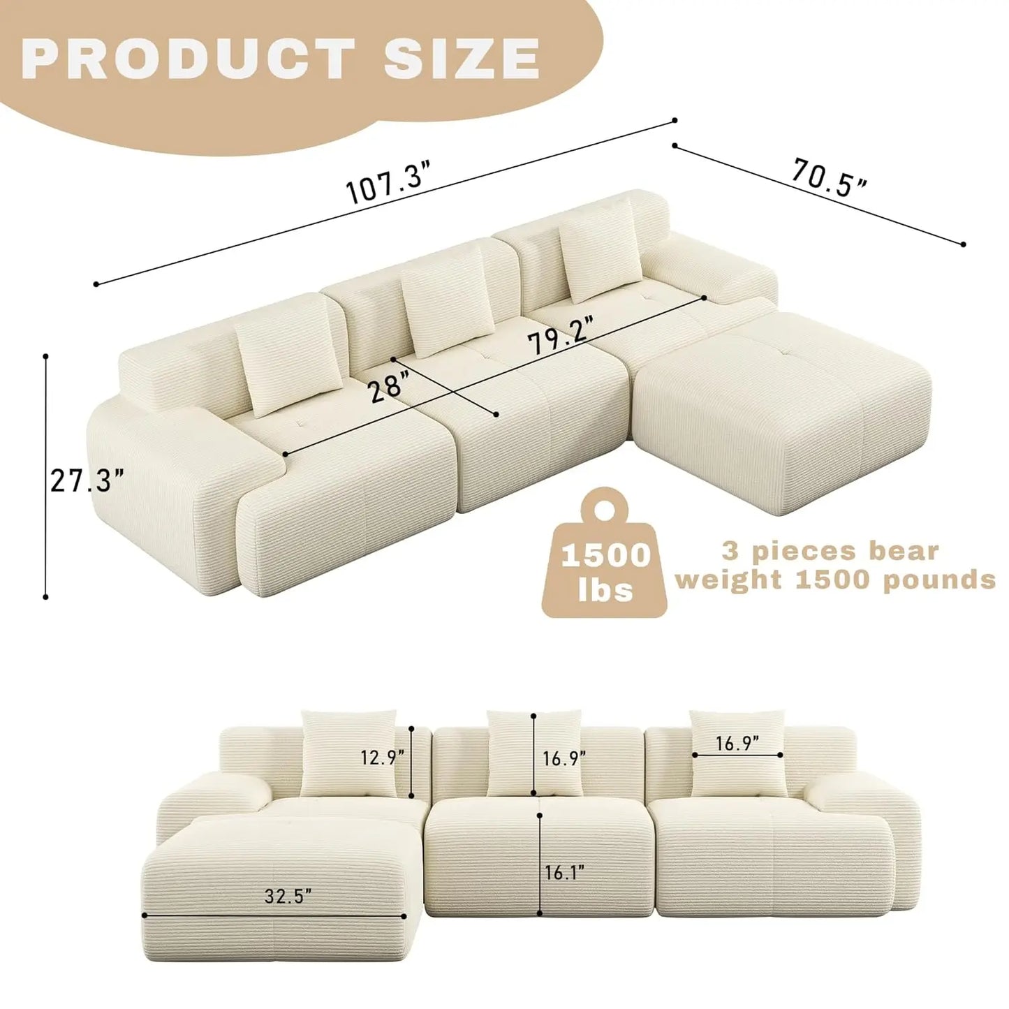 107" L-Shaped Modular Sofa with Ottoman