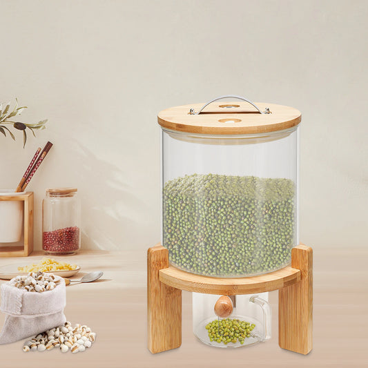 5L Airtight Glass Dry Food Storage Container with Bamboo Lid, Stand & Measuring Cup – Cereal, Rice & Grain Dispenser
