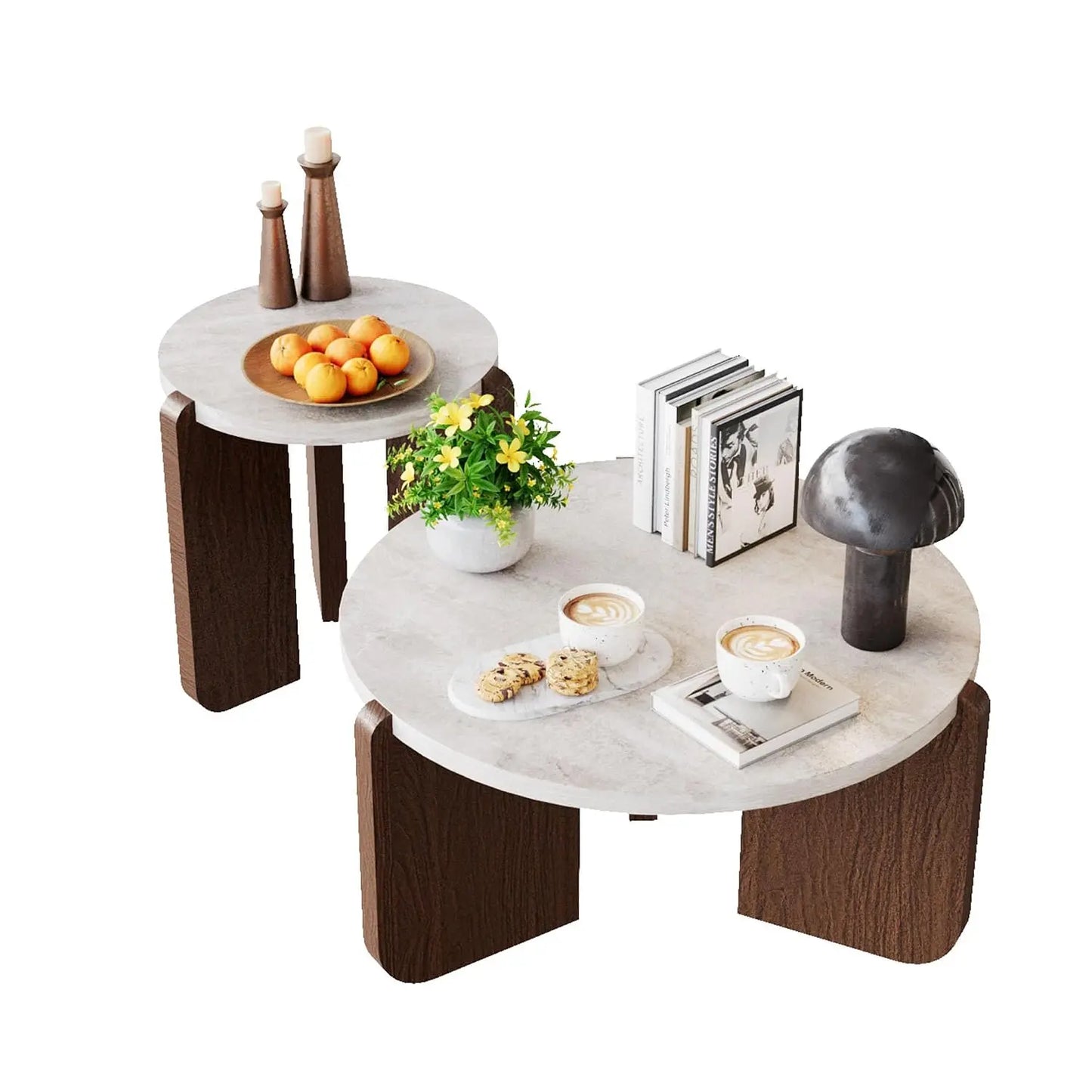 Modern Round Coffee Table Set with Matching Side Table – Faux Marble Top & Walnut Finish