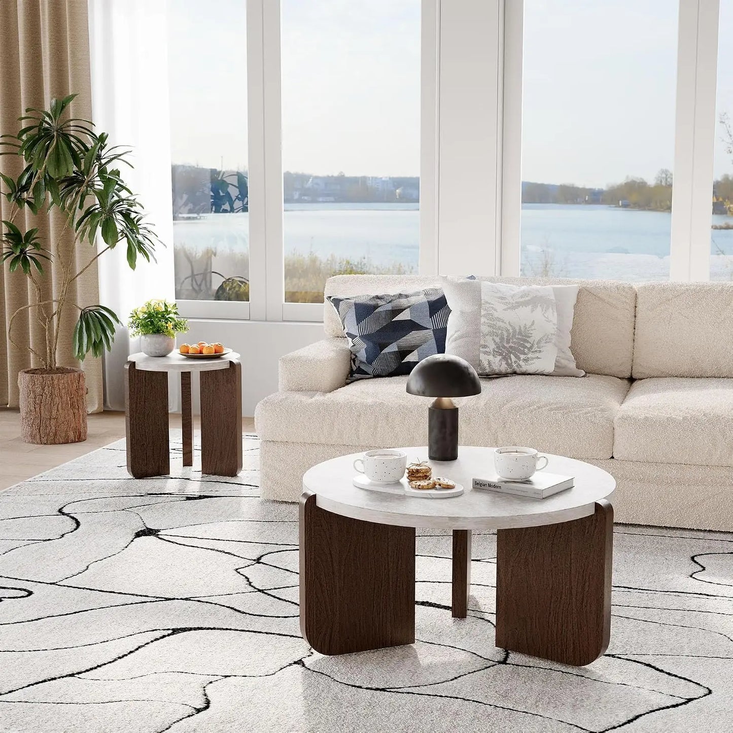 Modern Round Coffee Table Set with Matching Side Table – Faux Marble Top & Walnut Finish
