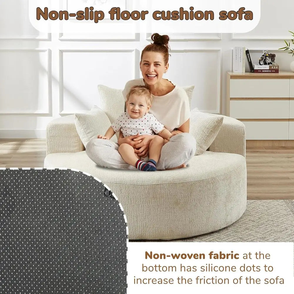 Oversized 55 Round Chenille Chaise Lounge Chair - Single Cloud Sofa, Sleeper for Living Room, Bedroom, and Projection Rooms, No
