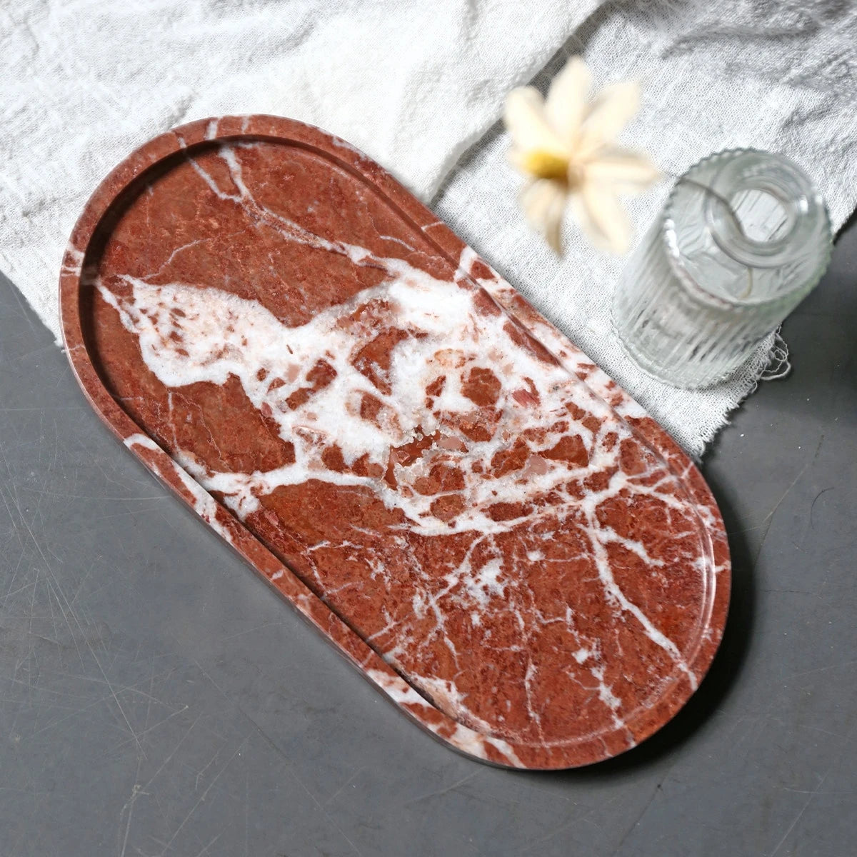 Handmade Luxurious Calacatta Purple Violet Natural Marble Travertine Stone Small Jewelry Storage Oval Tray 26cm Plate