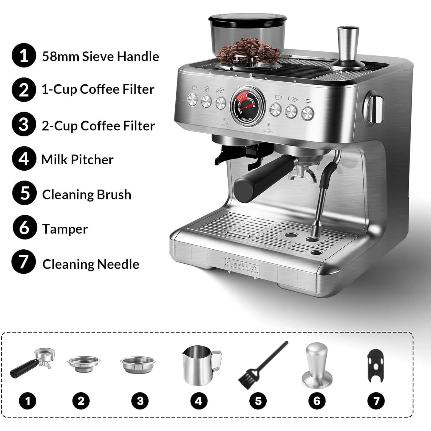 Semi-Automatic Espresso Machine with Grinder and Milk Frother