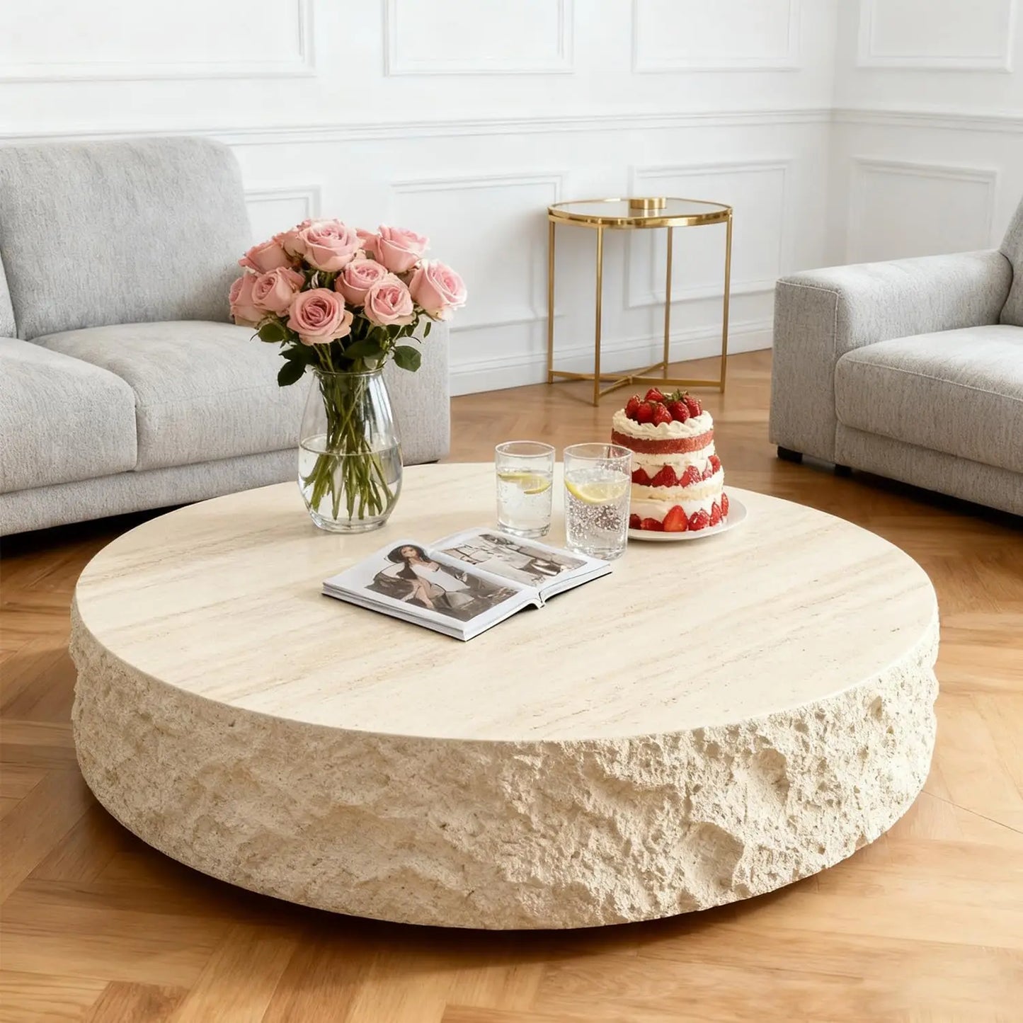 Modern Round Pedestal Coffee Table – Faux Marble Finish