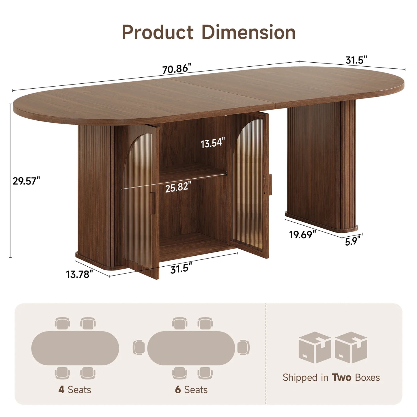 70" Walnut Oval Dining Table with Storage