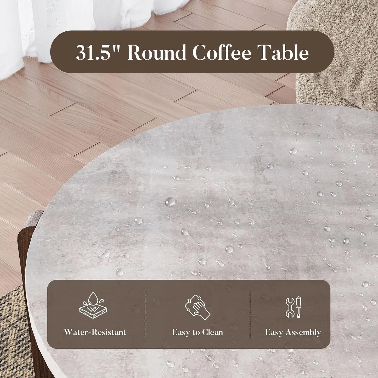 Modern Round Coffee Table Set with Matching Side Table – Faux Marble Top & Walnut Finish