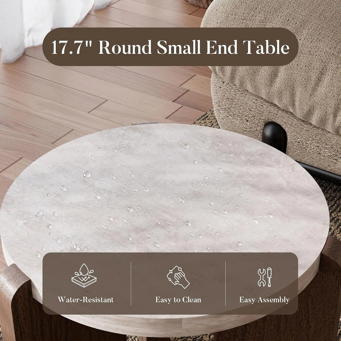 Modern Round Coffee Table Set with Matching Side Table – Faux Marble Top & Walnut Finish