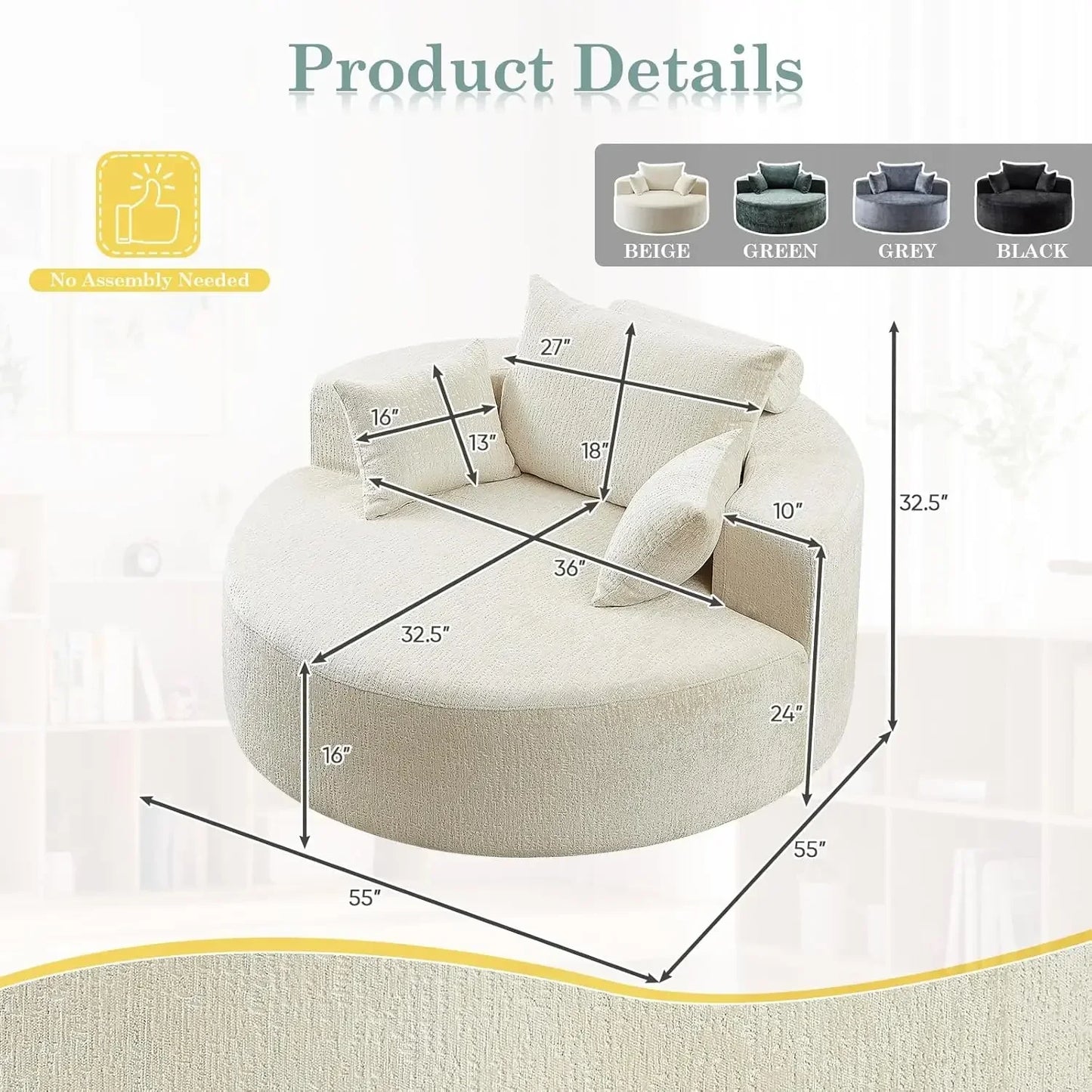 Oversized Round Chaise Longue Chair Indoor, Modern 55-inch Upholstered Chenille Deep Seat Circle Single Cloud Lounge Floor Sofa