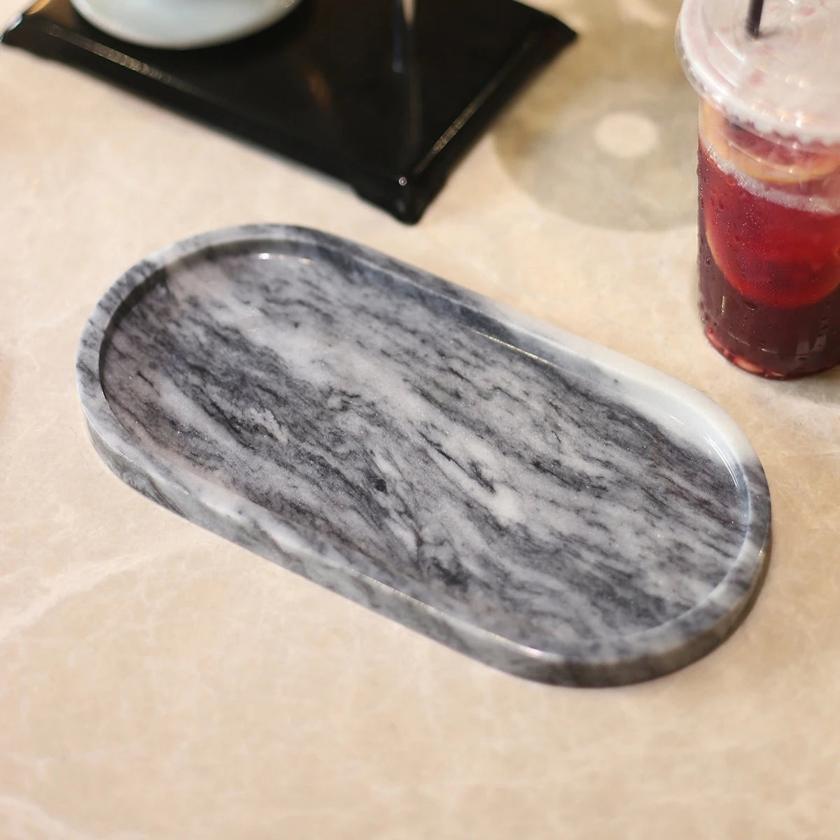 Handmade Luxurious Calacatta Purple Violet Natural Marble Travertine Stone Small Jewelry Storage Oval Tray 26cm Plate