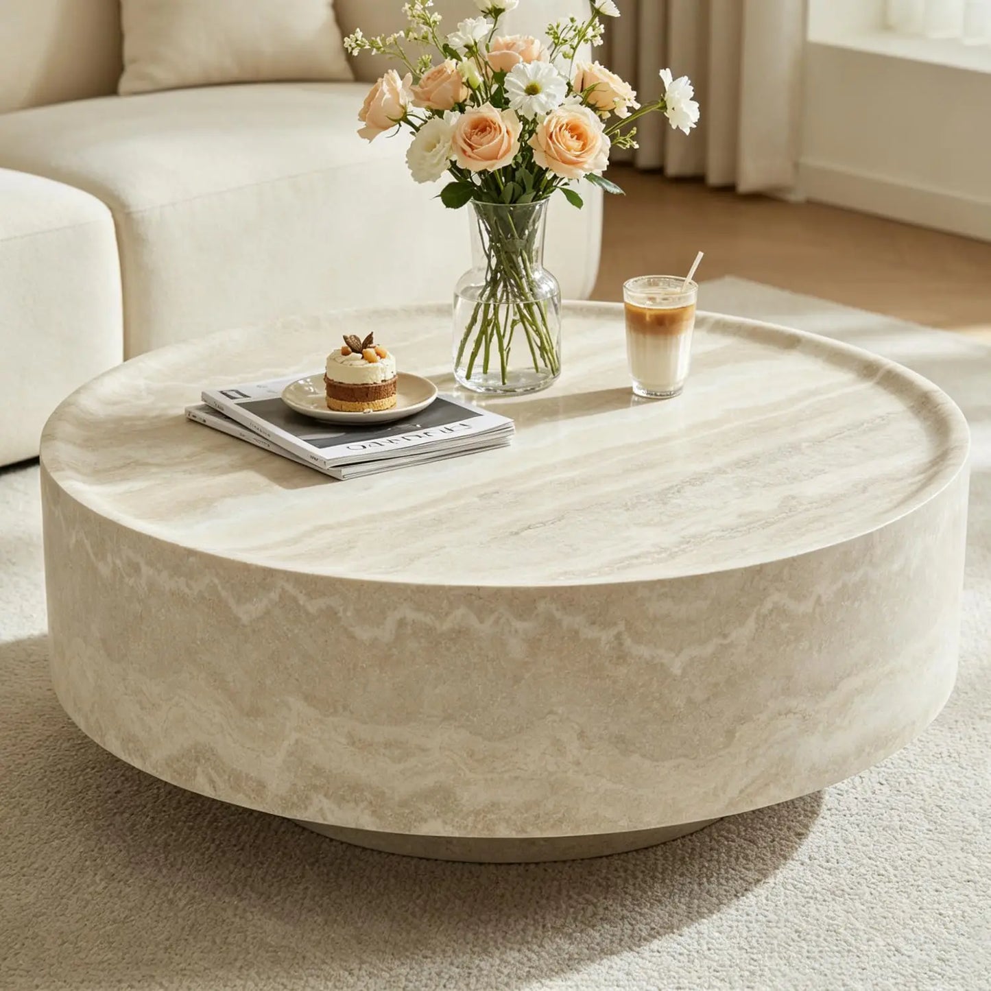 Modern Round Pedestal Coffee Table – Faux Marble Finish