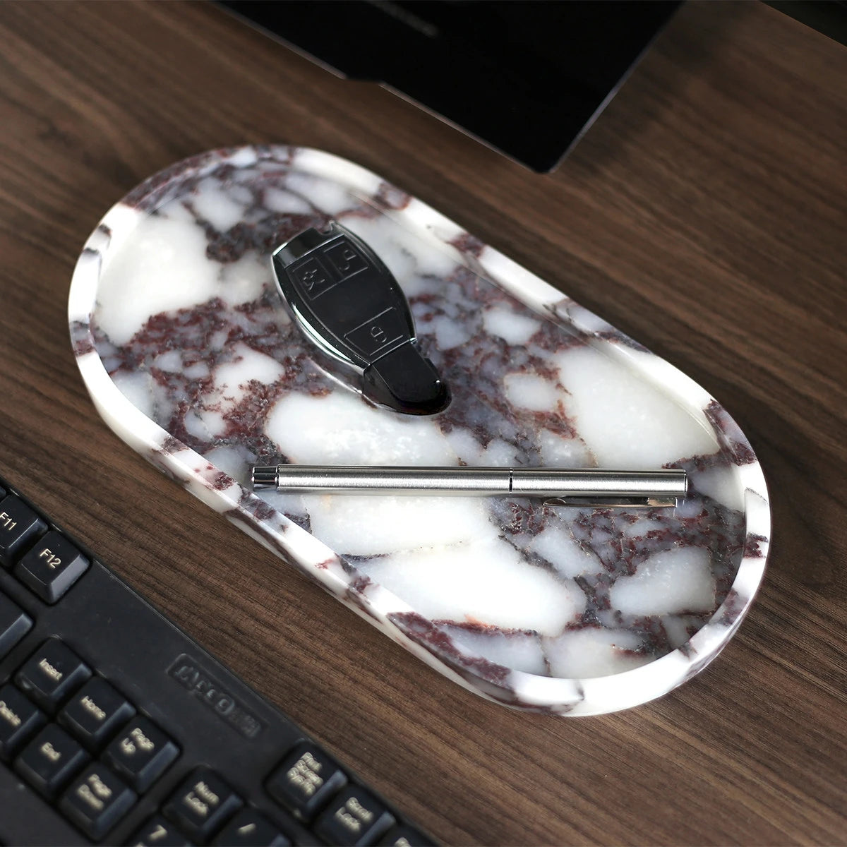 Handmade Luxurious Calacatta Purple Violet Natural Marble Travertine Stone Small Jewelry Storage Oval Tray 26cm Plate
