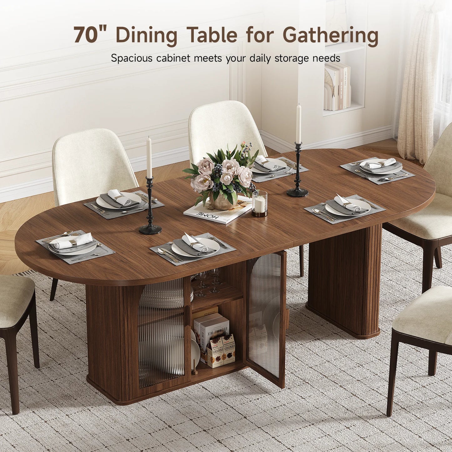 70" Walnut Oval Dining Table with Storage