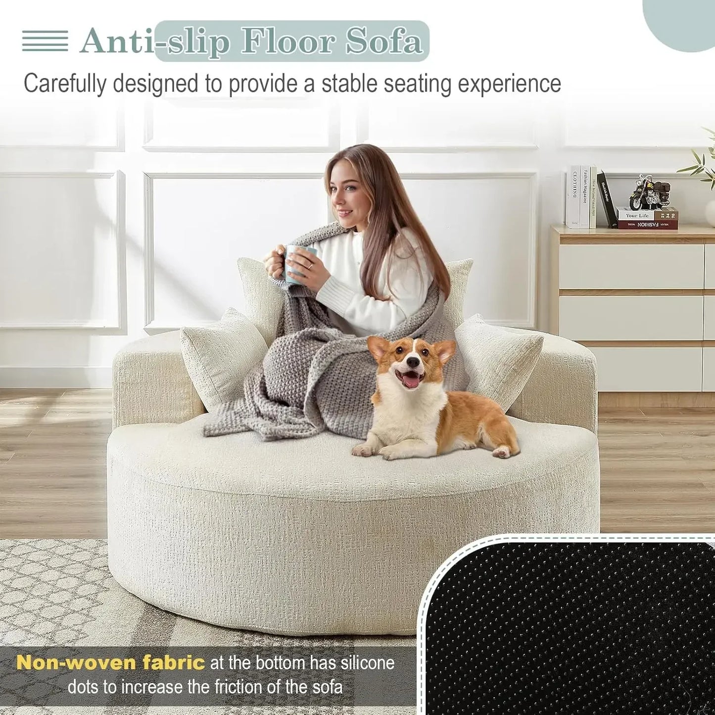 Oversized Round Chaise Longue Chair Indoor, Modern 55-inch Upholstered Chenille Deep Seat Circle Single Cloud Lounge Floor Sofa