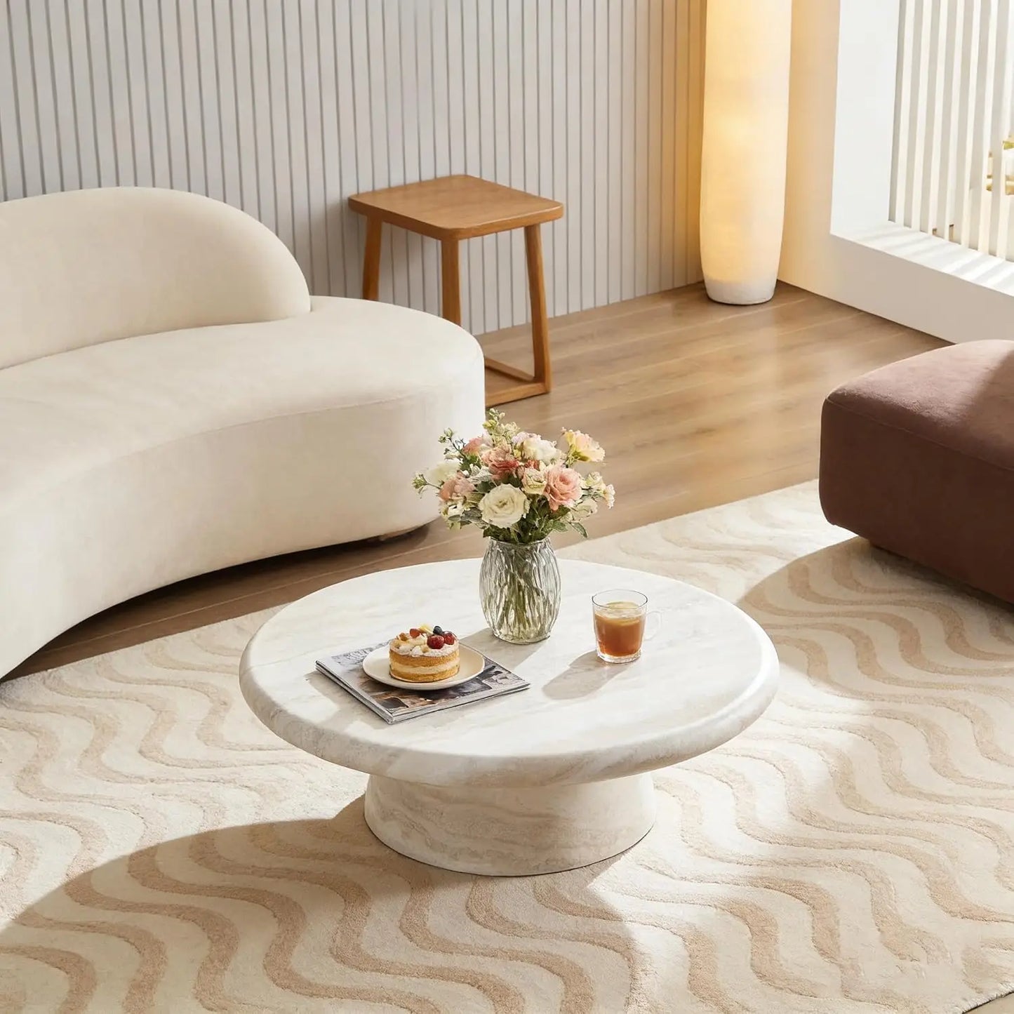 Modern Round Pedestal Coffee Table – Faux Marble Finish