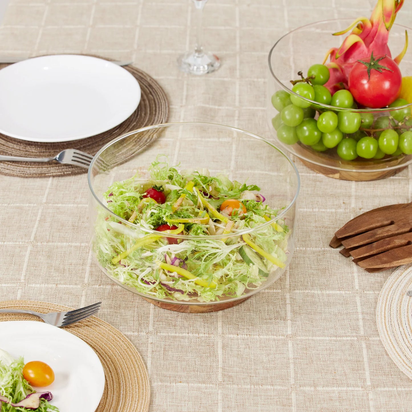 Glass Fruit Bowl with Wooden Base