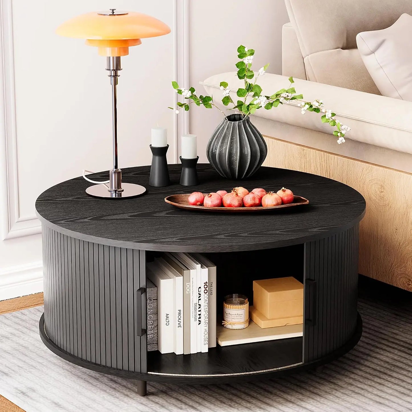 Modern Round Coffee Table Set with Matching Side Table – Faux Marble Top & Walnut Finish