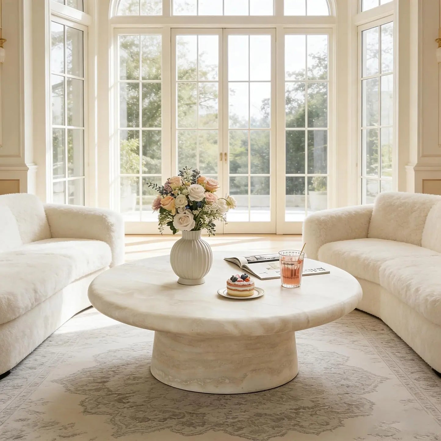 Modern Round Pedestal Coffee Table – Faux Marble Finish