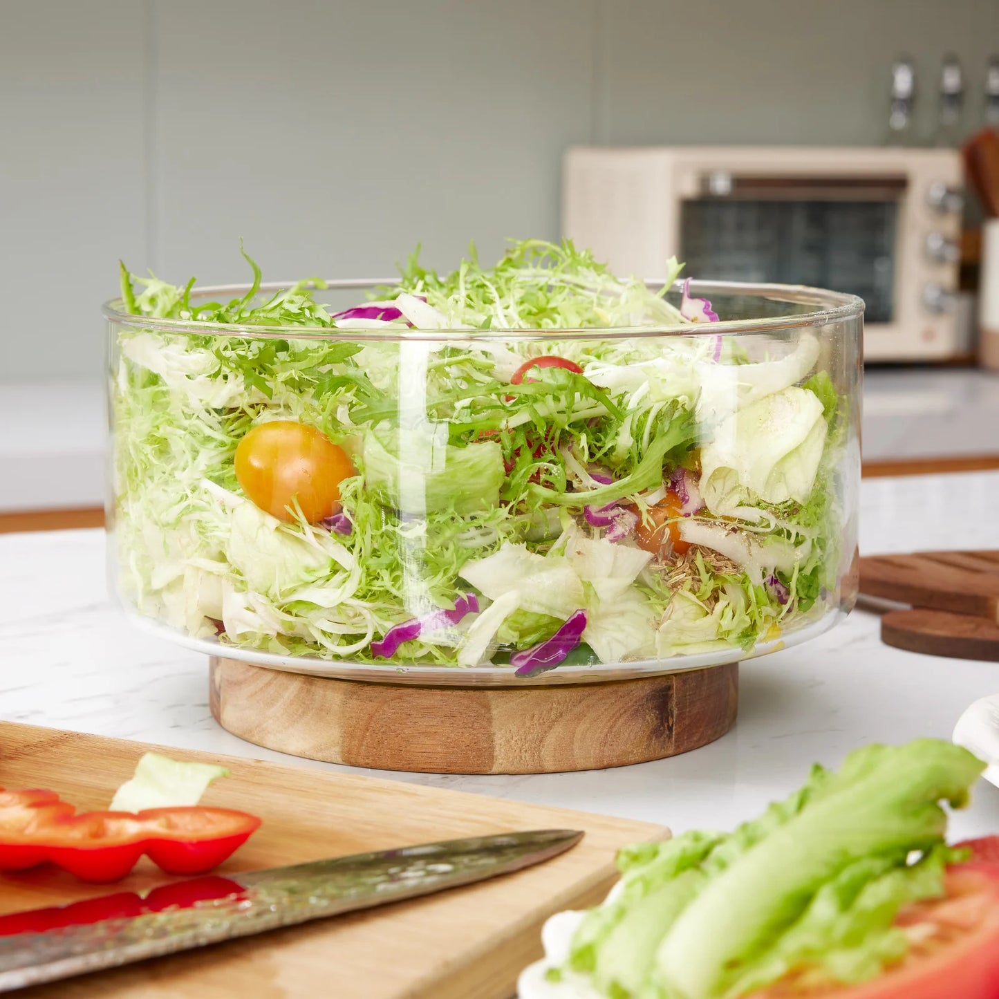Glass Fruit Bowl with Wooden Base