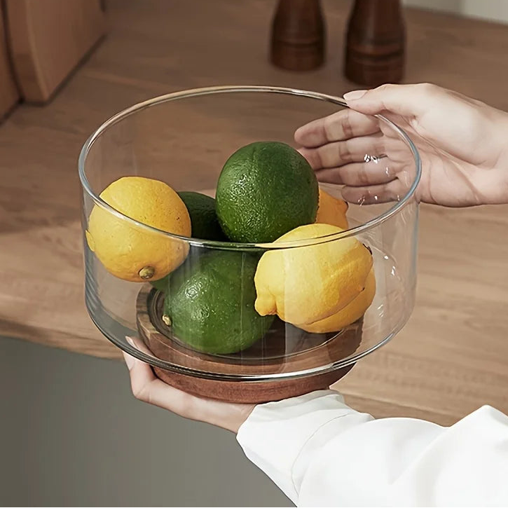 Glass Fruit Bowl with Wooden Base