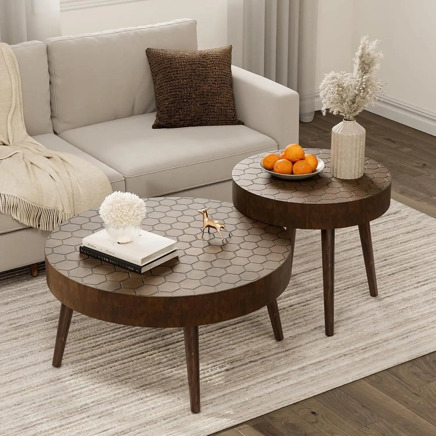 Modern Round Coffee Table Set with Matching Side Table – Faux Marble Top & Walnut Finish