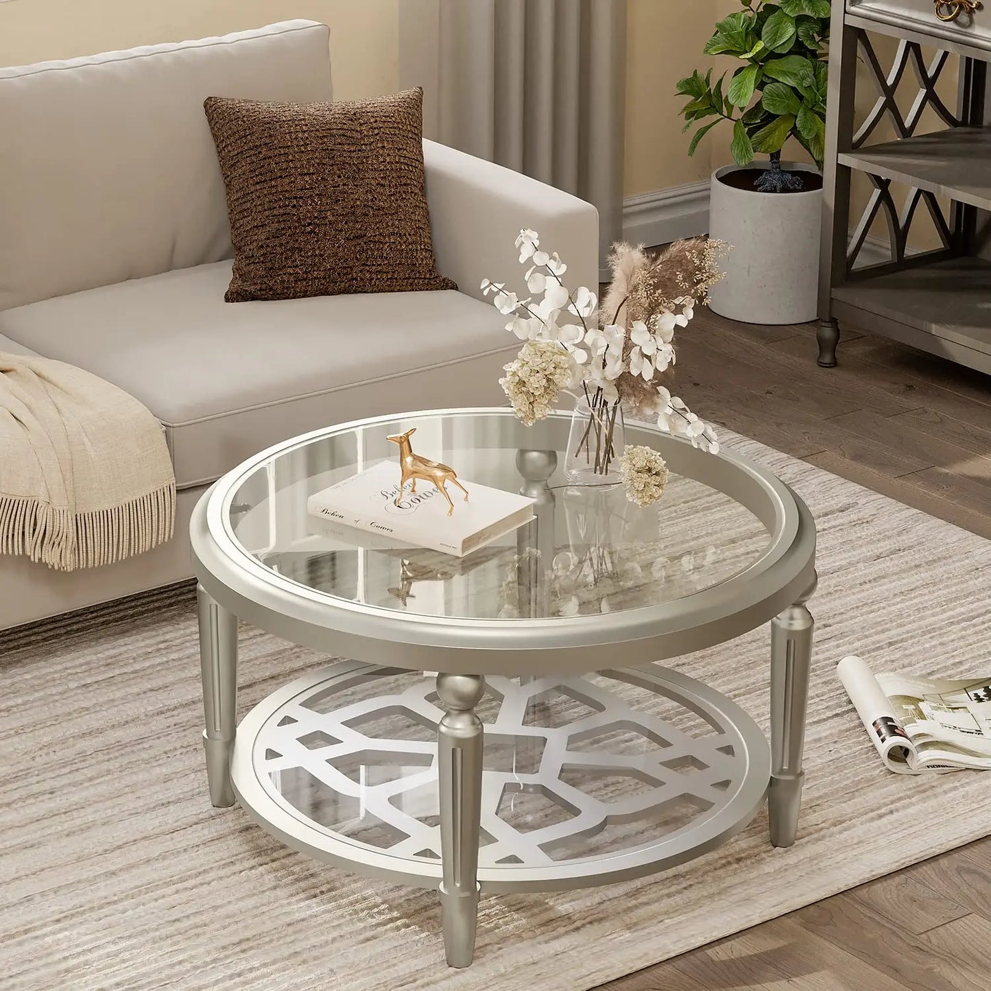 Modern Round Coffee Table Set with Matching Side Table – Faux Marble Top & Walnut Finish