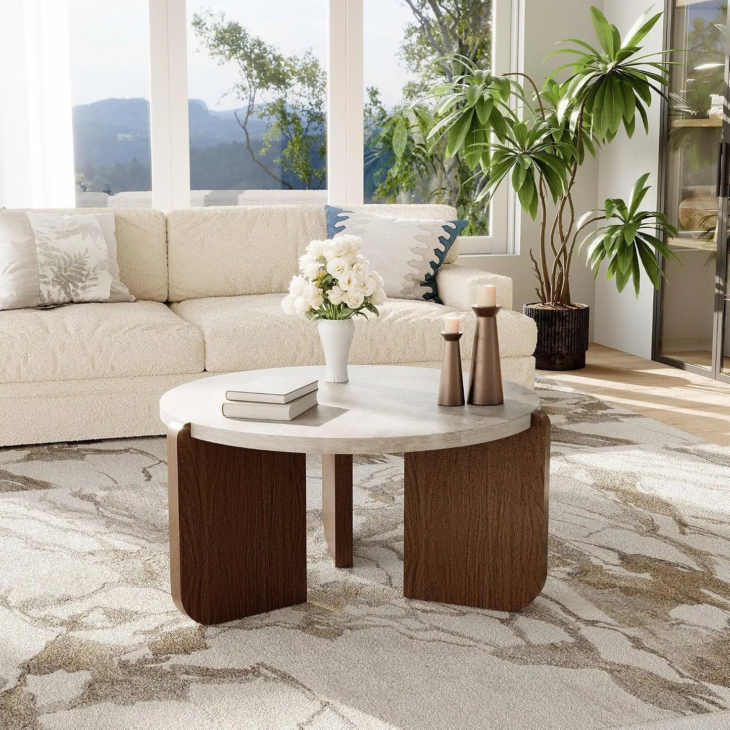 Modern Round Coffee Table Set with Matching Side Table – Faux Marble Top & Walnut Finish