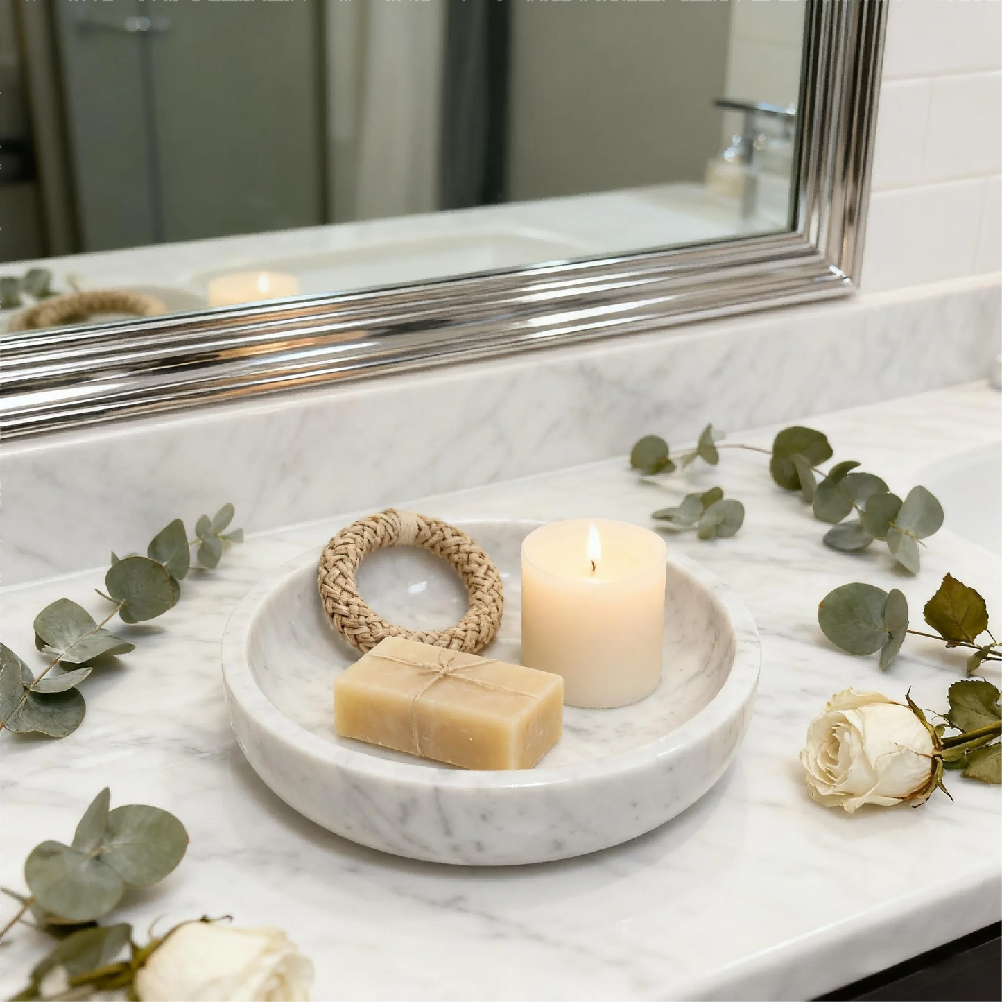 20cm Natural Carrara White Marble Decorative Bowl, Stone Round Bowl for Home Decor, Barthroom, Jewelry Tray, Soap Organization