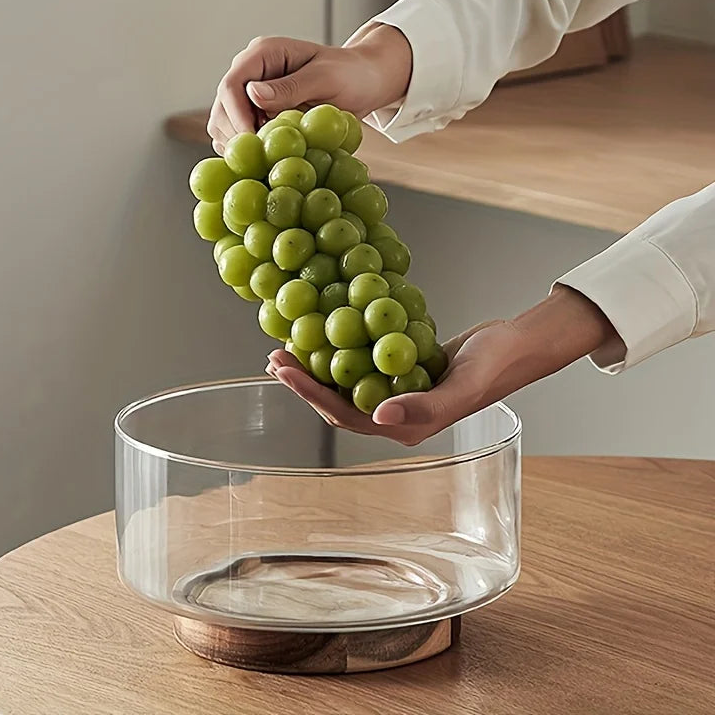 Glass Fruit Bowl with Wooden Base