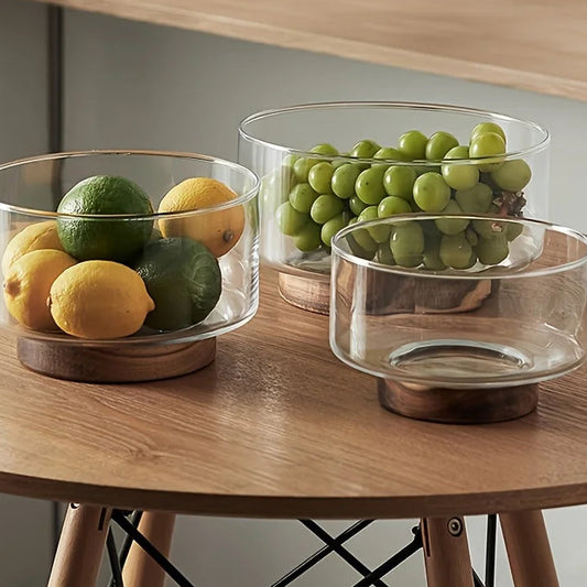 Glass Fruit Bowl with Wooden Base