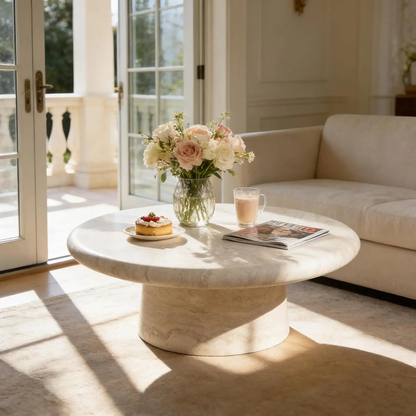 Modern Round Pedestal Coffee Table – Faux Marble Finish