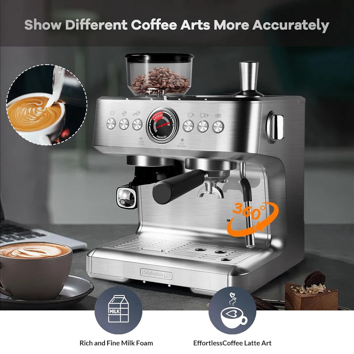 Semi-Automatic Espresso Machine with Grinder and Milk Frother